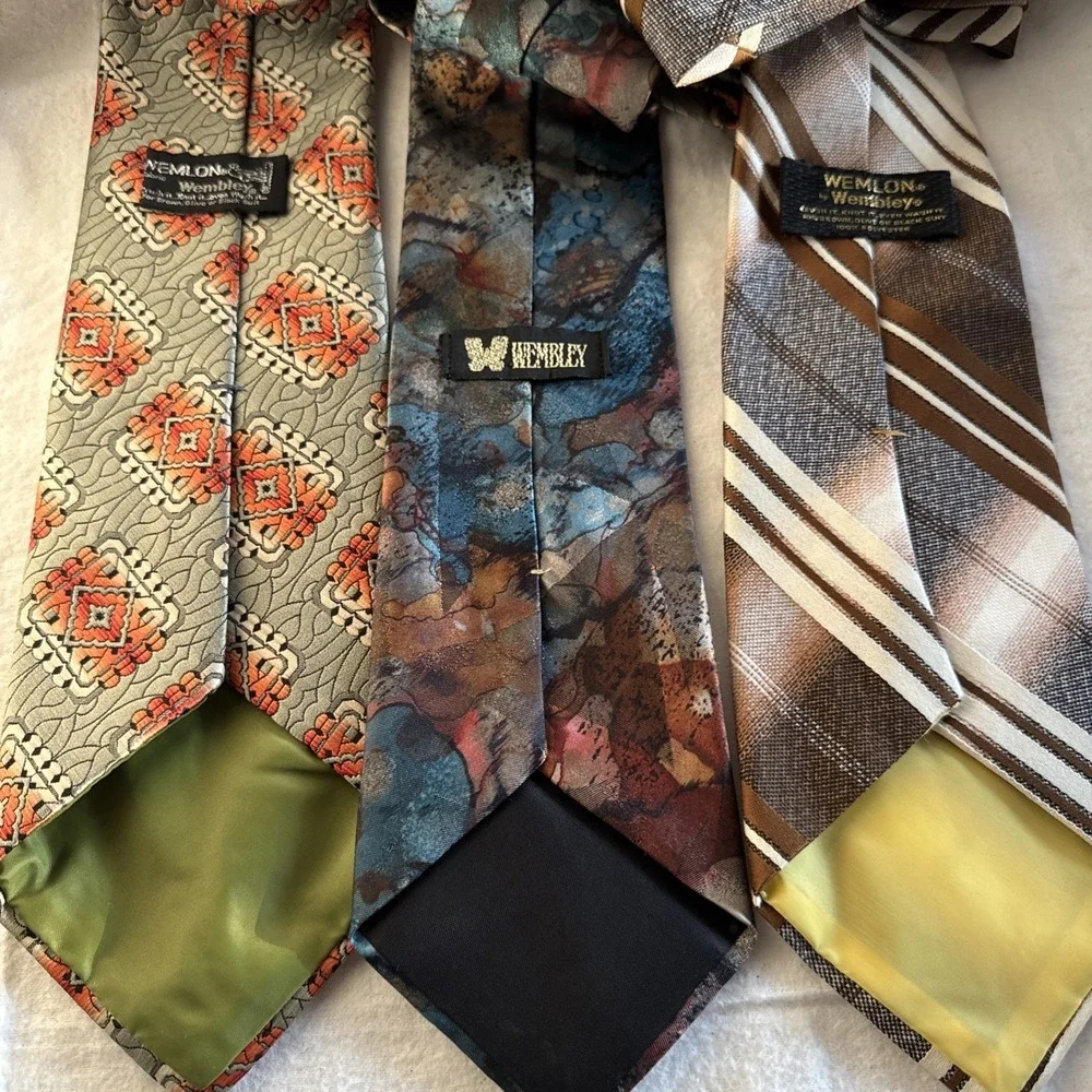 3 VTG Wemlon Wembley Mens Neck Tie Brown Stripes Groovy Swirl 70s Retro Geo 4